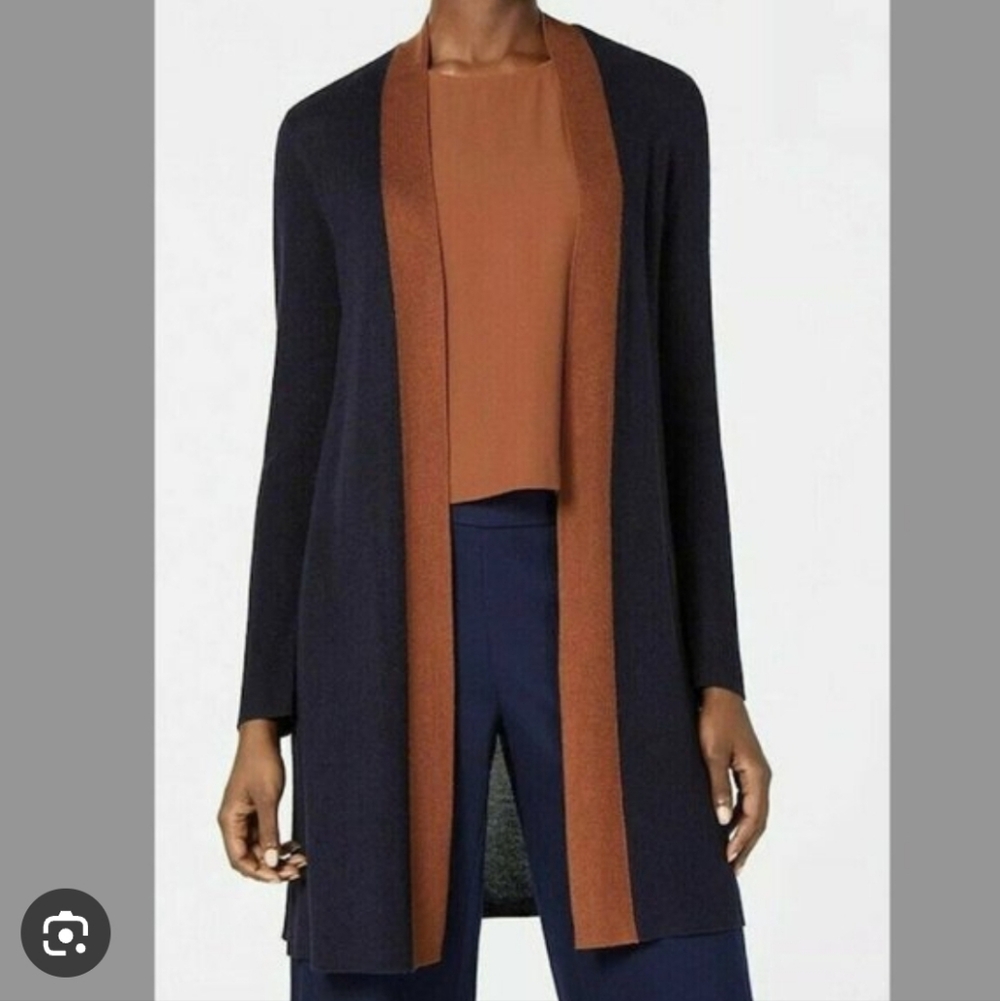 Eileen Fisher Tencel Silk Long Knit Open Cardigan In Navy With Brown Trim
